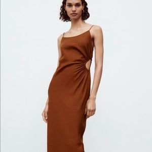 Zara NWT Linen Blend brown cut out Dress